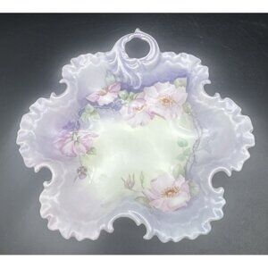 VTG Lavender Purple Hand Painted Floral Porcelain Candy Nut Relish Dish 8.5”